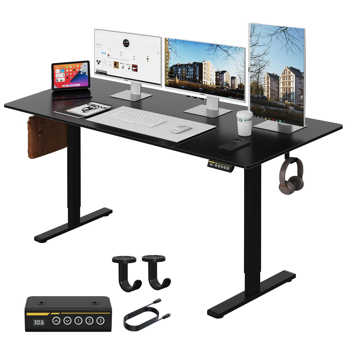 Gamork Large Electric Standing Desk,55x28 Inches Adjustable Height Stand up Desk, Sit Stand Home Office Desk, 3 Preset Heights,Equipped with Hooks,Ergonomic Computer Desk Workstation，Black