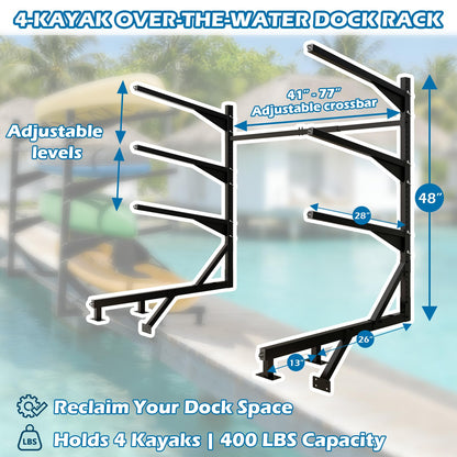 LAJIAOZ Heavy-Duty Kayak Dock Storage Rack, 4-Tier Over-The-Water Mount Kayak Stand for Dock & Pier, Rust-Proof, Holds 4 Kayaks Up to 400 LBS, Space-Saving Waterside Storage