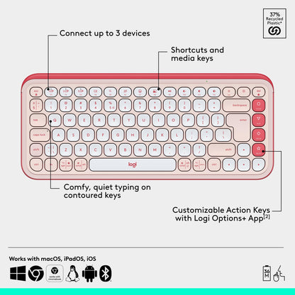 Logitech POP ICON Keys Wireless Bluetooth Keyboard, Comfortable Typing, Programmable Keys, Easy-Switch Between up to 3 Devices, for Laptop, Tablet, PC – Rose and Off-White