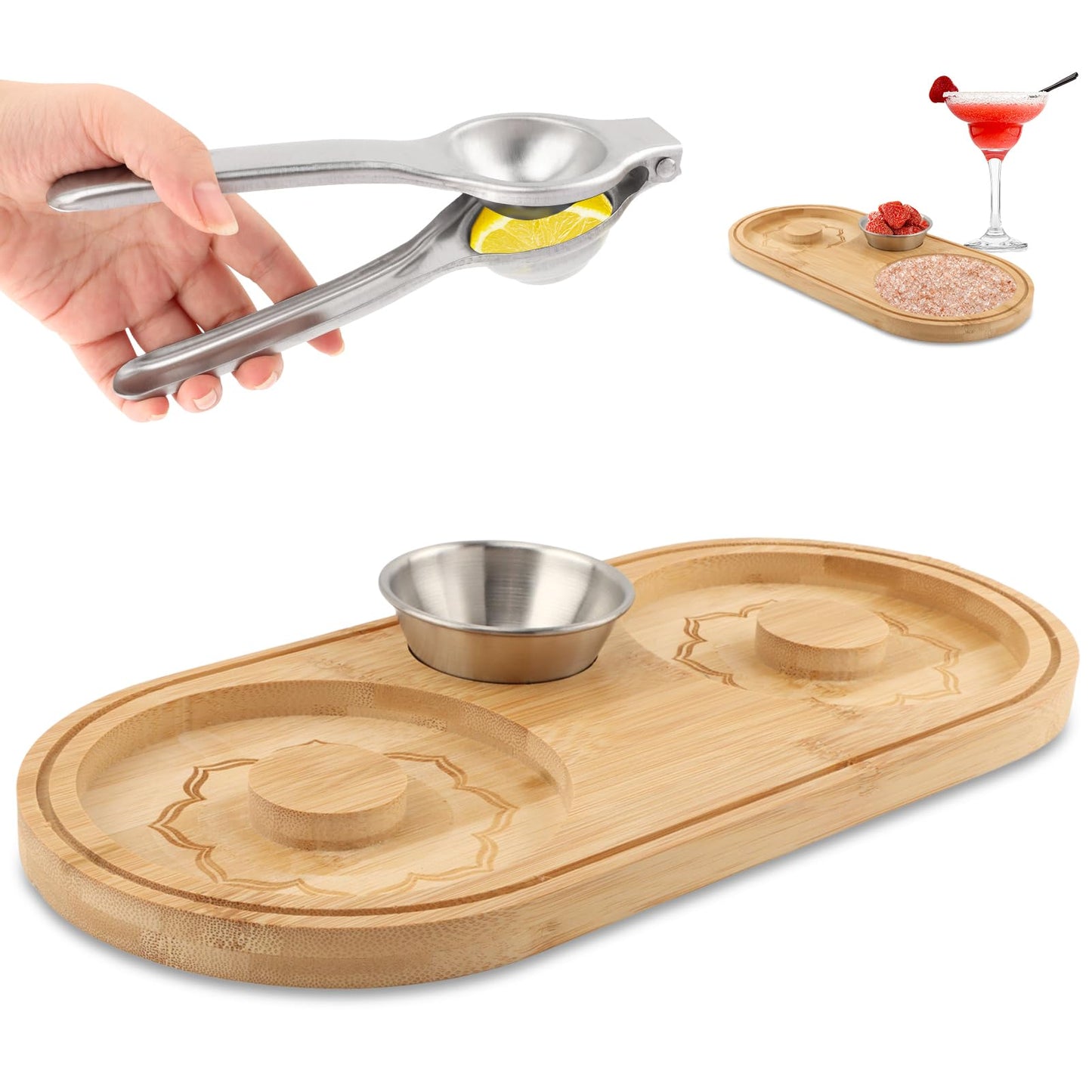 Margarita Salt Rimmer Set, Sugar and Salt Rimmer for Cocktails with Bowl and Lemon Squeezer, Wood Bamboo Salts Rimmers for up to 4.72" Rims, Margarita Kit and Bartender Tool