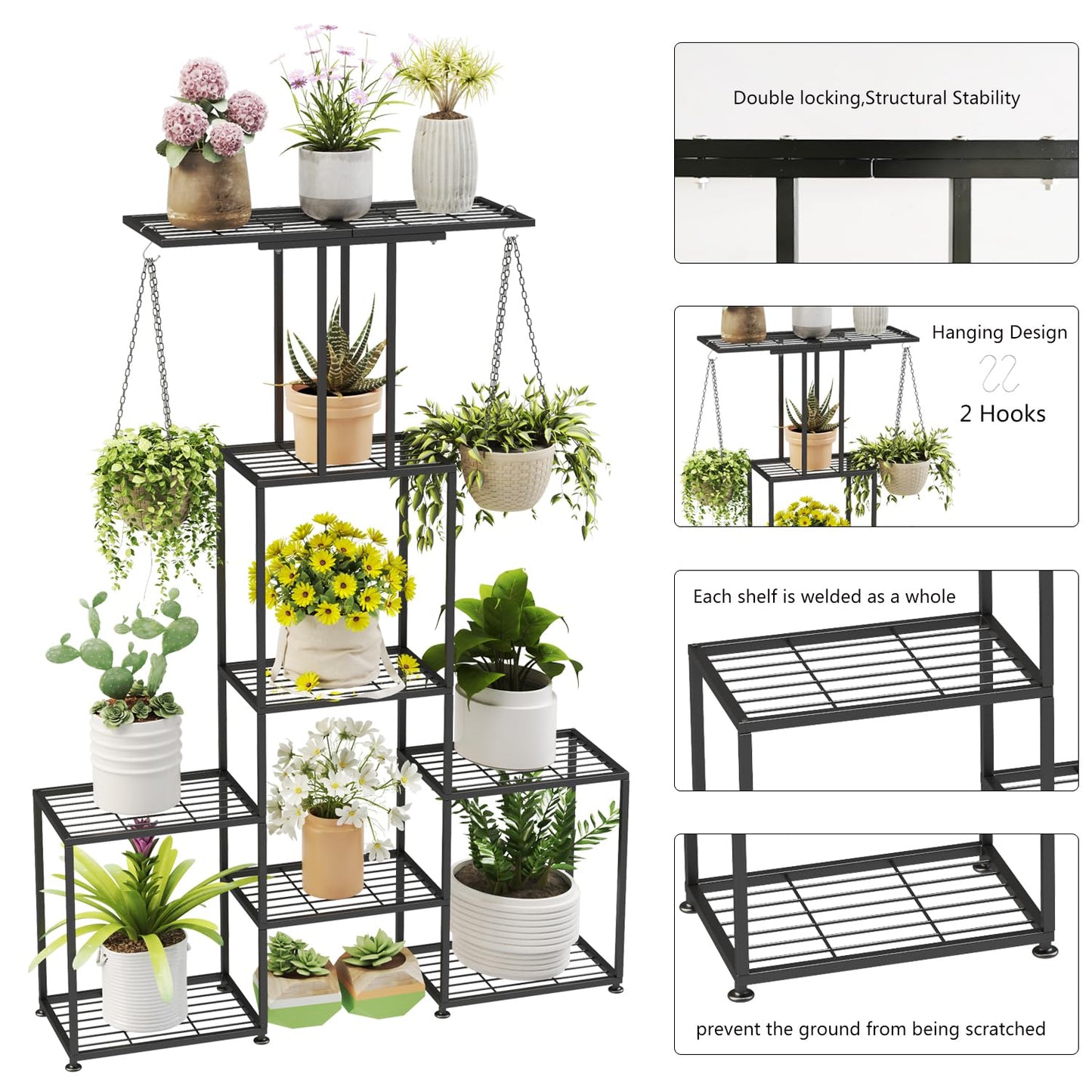 YUJCHMTZN Plant Stand Indoor Outdoor, Metal 6 Tier Tall Hanging Plant Shelf for Multiple Flower Planter Large Heavy Duty Ladder Plant Holder for Garden, Black (y-202)