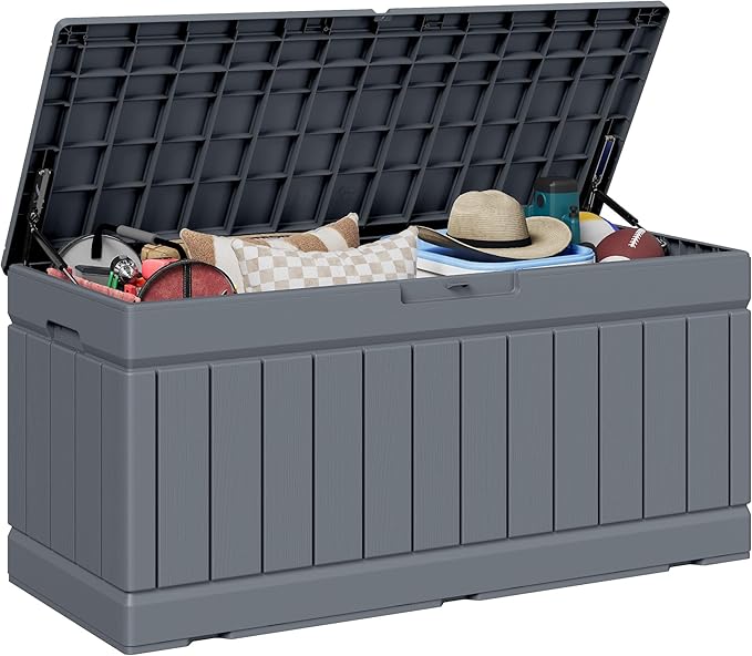 JUMMICO 78 Gallon Outdoor Deck Box Large Resin Storage Box for Patio Furniture Cushions, and Garden Tools (Gray)