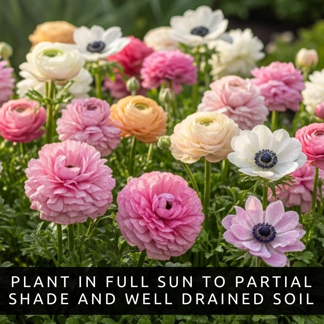 Pastel Ranunculus & Anemone Flower Bulb Mix – 50 Premium Bulbs for Planting | Romantic Light Colors | Easy to Grow Perennials for Garden Beds, Pots & Borders