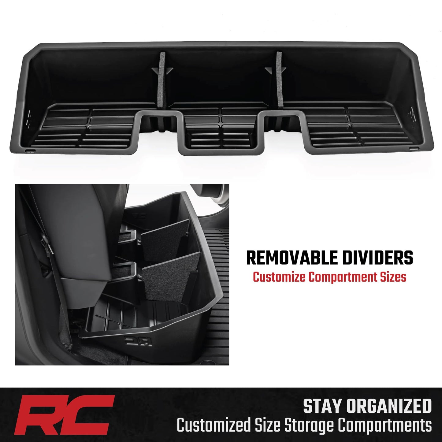Rough Country Under Seat Storage Tray for Tesla Cybertruck (2024-2005) - Custom-Fit Rear Seat Organizer, High-Density Thermoplastic, Anti-Skid Cargo Tray