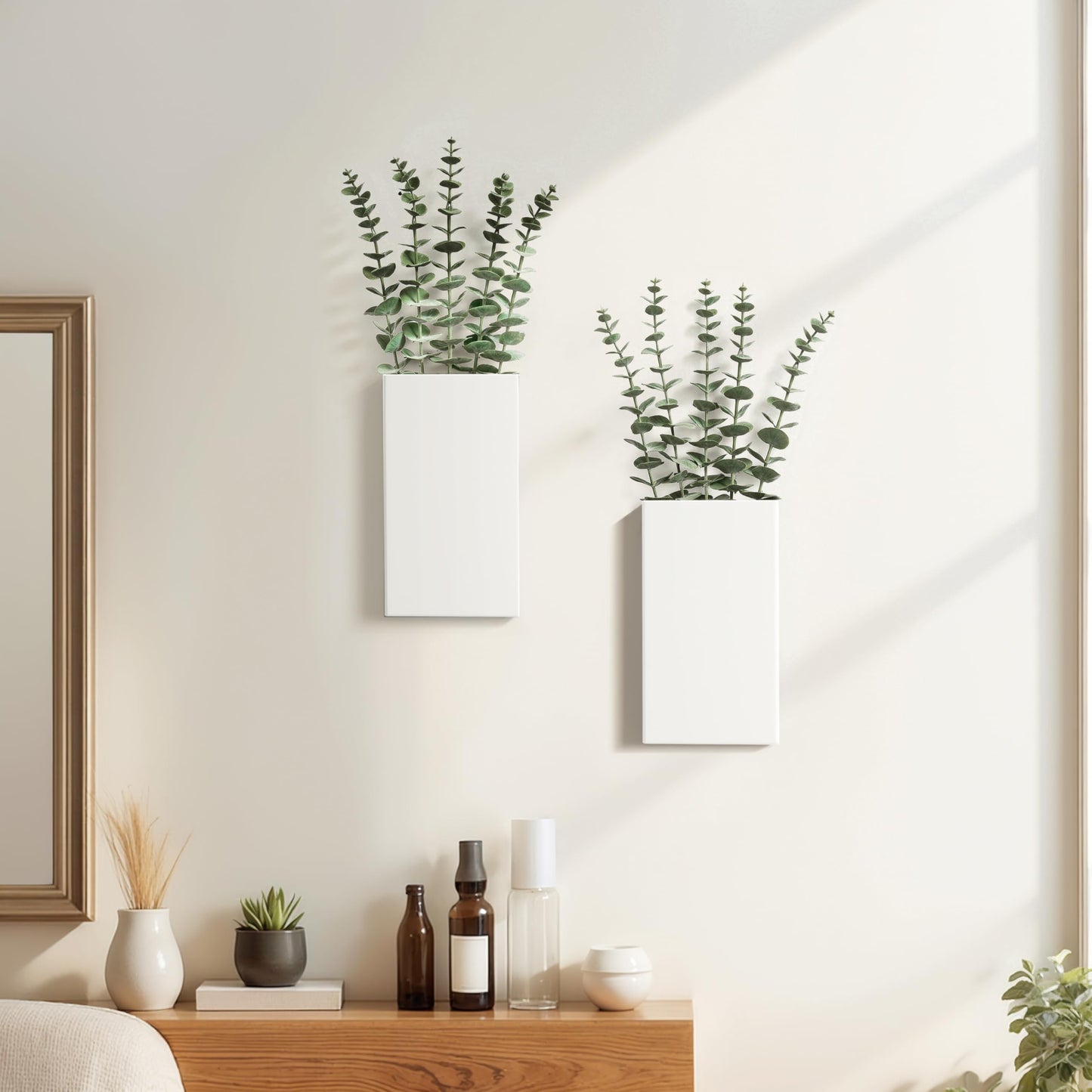 2 Pack Metal Wall Planter Vases Decor with Artificial Eucalyptus, Modern Farmhouse Rustic Hanging Pocket Planters for Indoor Greenery and Flowers, Living Room Bedroom Kitchen Decoration, White