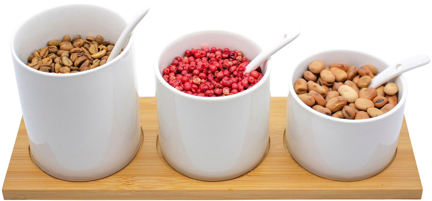 Set of 3 Ceramic Condiment Jars in Varying Sizes With Spoons & Bamboo Lids and Tray (White)