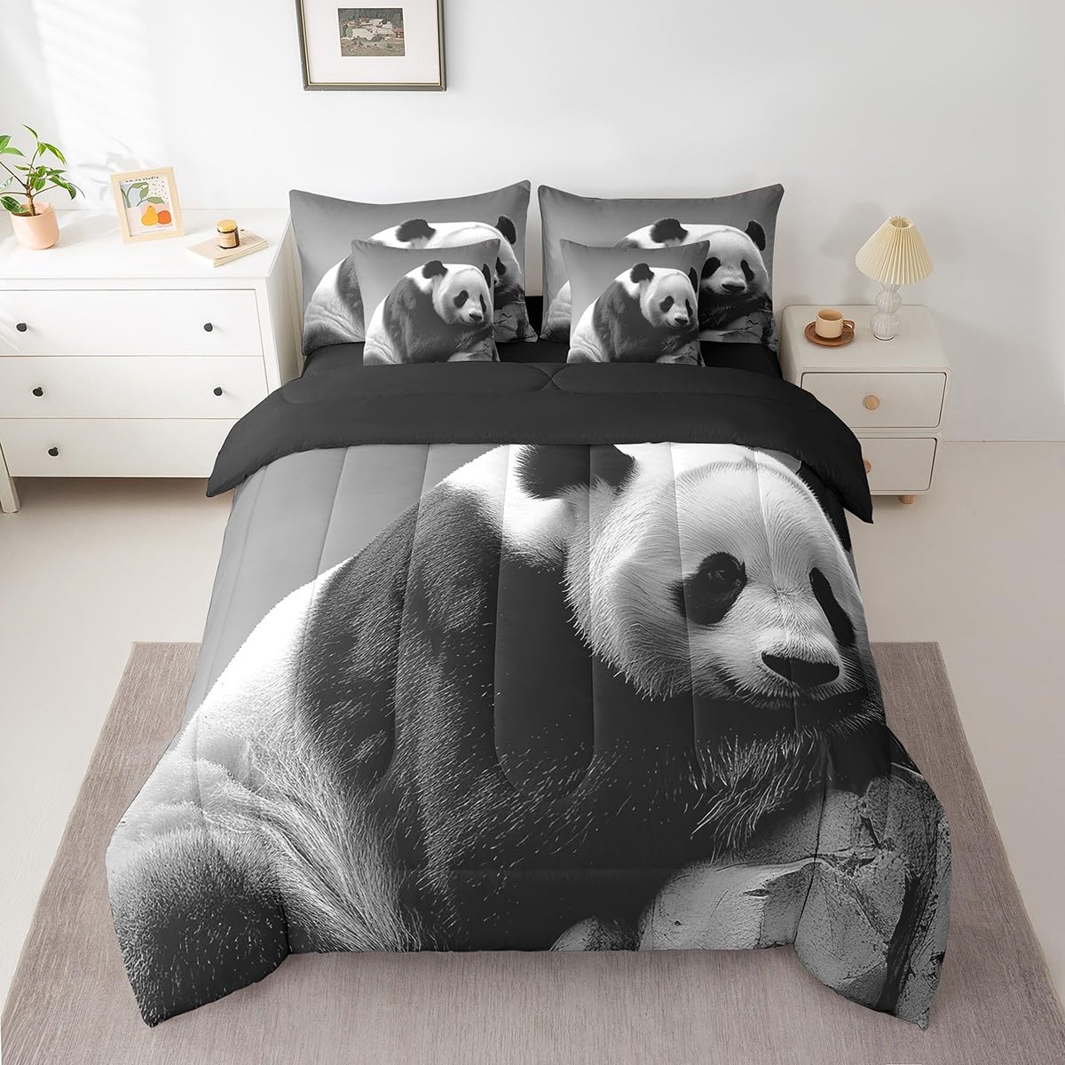 Feelyou Kids Cute Panda 7 PCS Comforter Set with Sheets King Size Boys Girls Panda Bed in a Bag Animal Bed in a Bag with Comforter, Sheets, Pillowcases & Cushion Cover