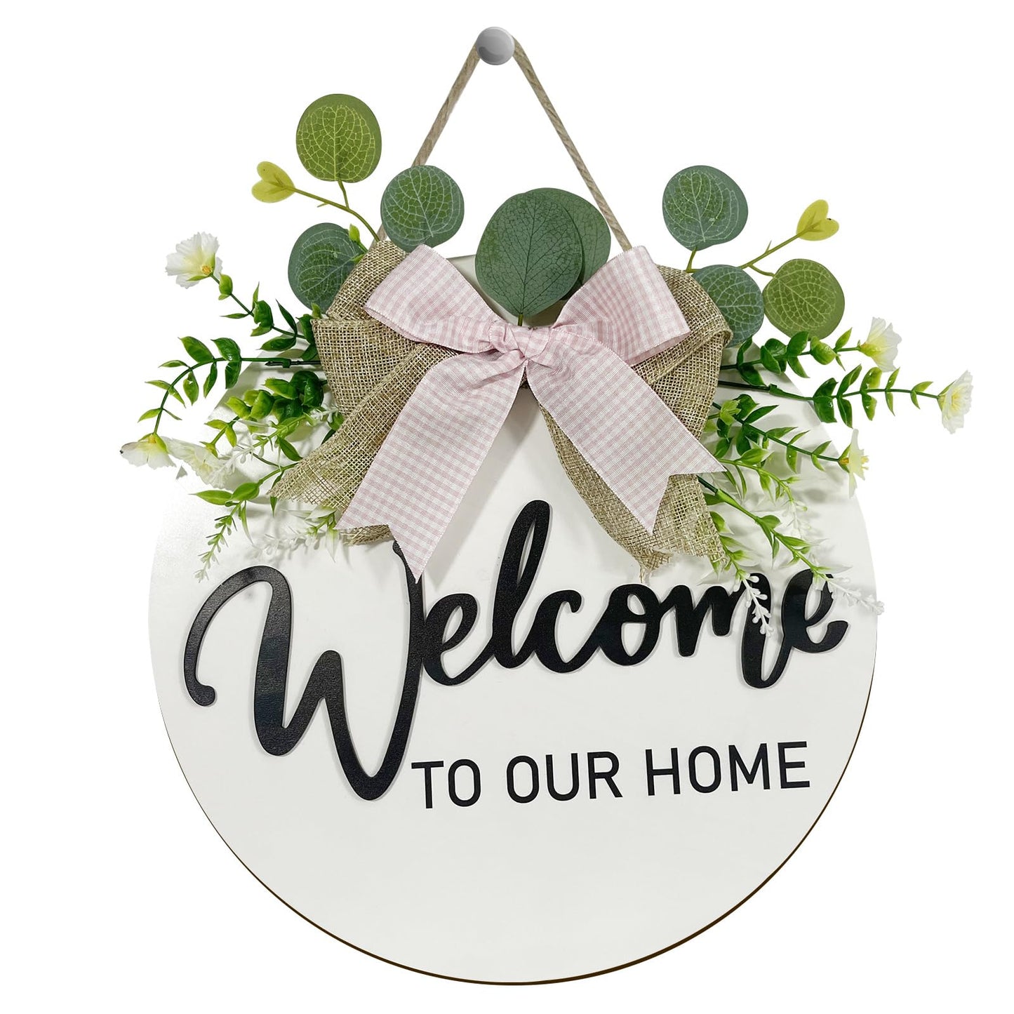 VPDTVK Welcome Sign for Front Door, Rustic Welcome Door Sign Outdoor Wreaths Decor for Spring Summer Autumn and Winter All Seasons Holiday Halloween Christmas(White)