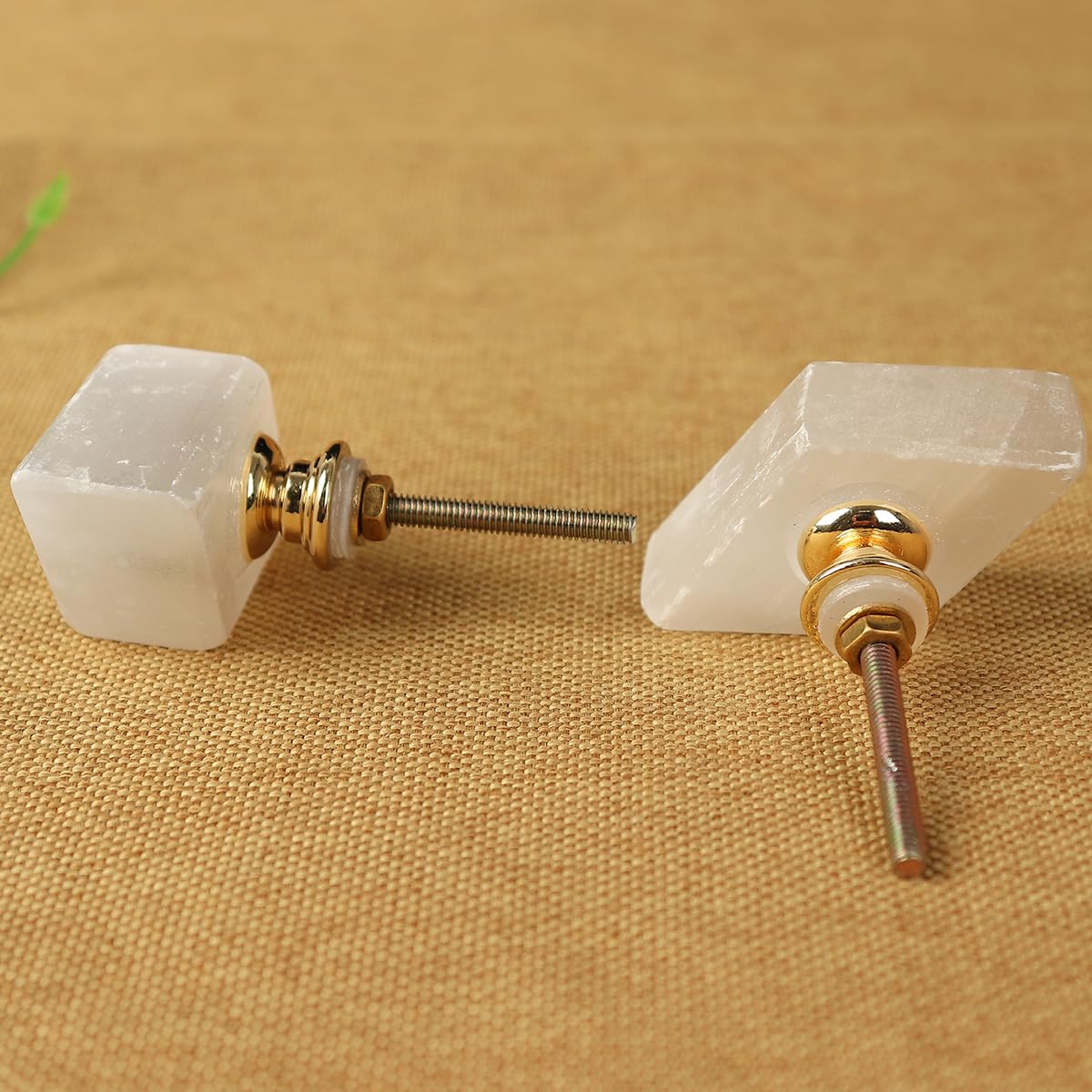JIC Gem 4 Pack Rhombus White Selenite Crystal Cabinet Knobs Gemstone Drawer Pulls Home Kitchen Decor
