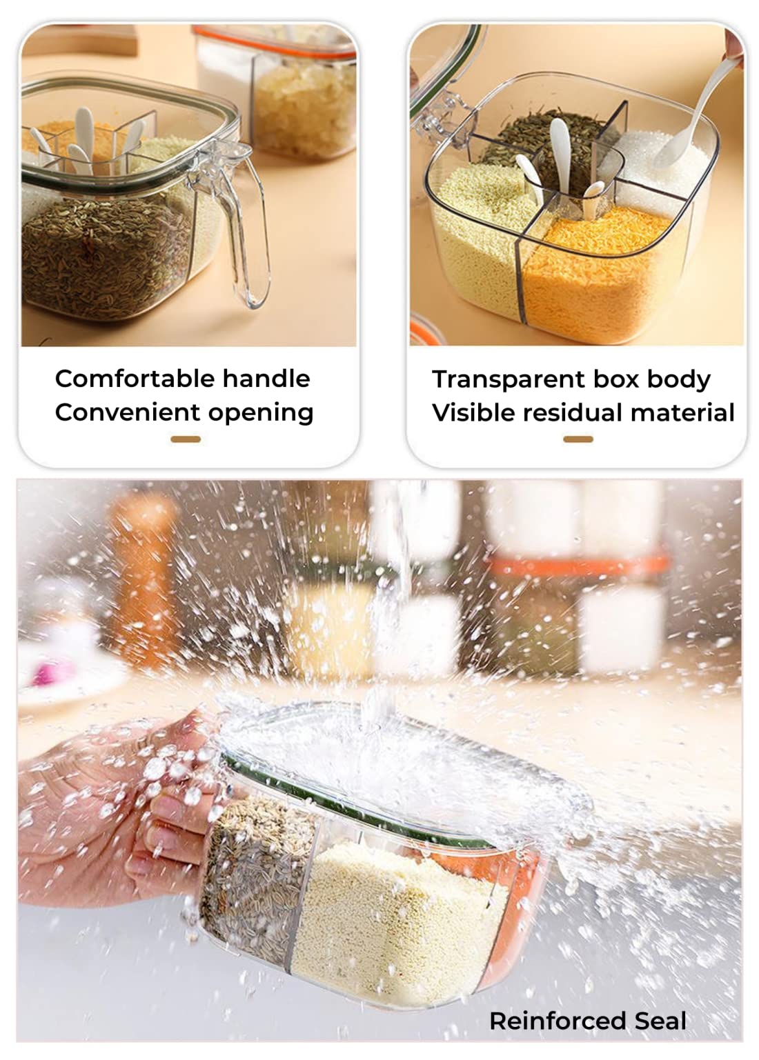 Brand Clear Box, 4-Compartment Sealed Container Set with Lid, Cover & Serving Spoons, Plastic Kitchen Condiment Jars to Store Salt, Pepper, Powder