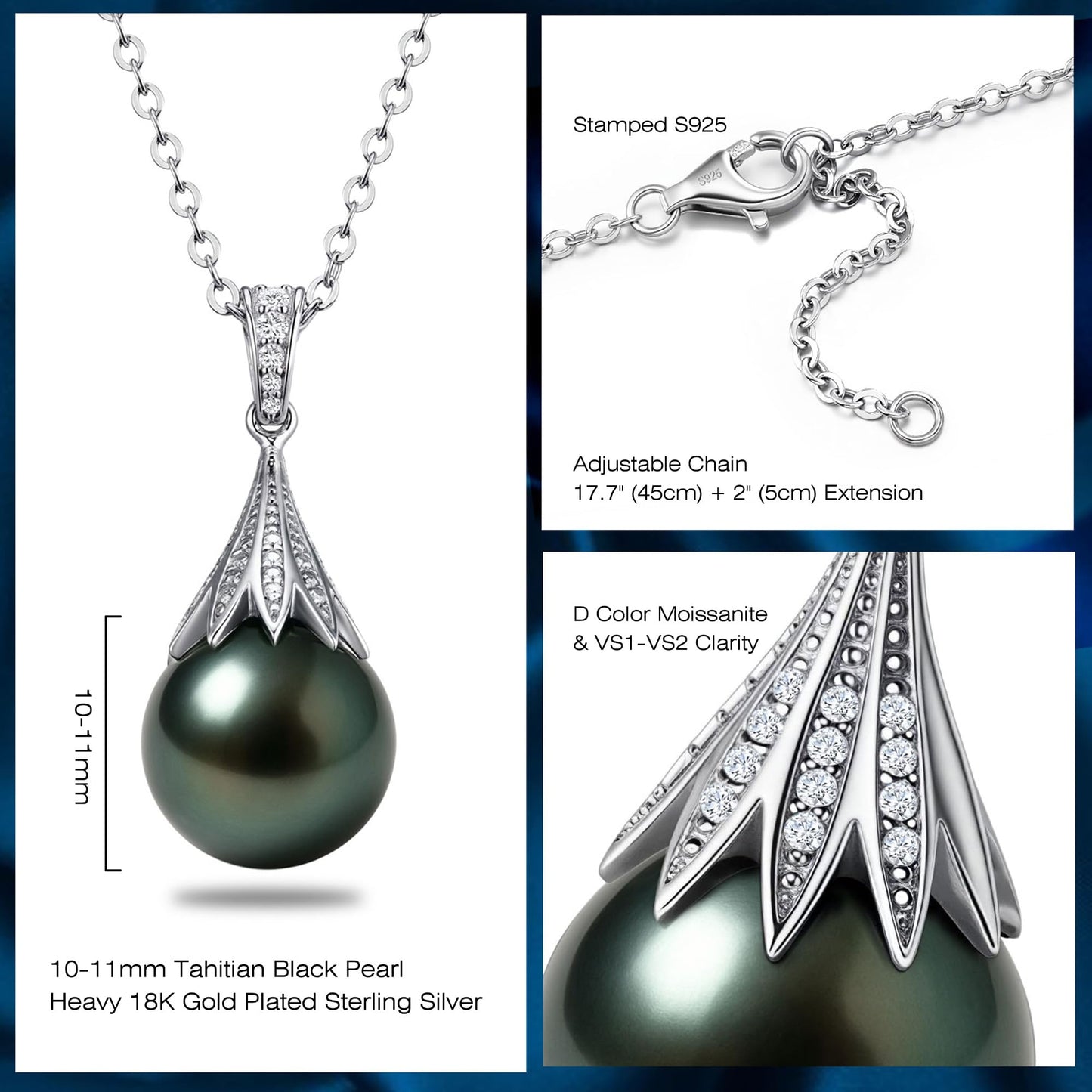 Natural Tahitian Black Pearl Necklace 12-13mm - Christmas Gift for Women Wife, Mom, daughter, Jewelry Gifts for Wedding Anniversary Birthday, Seawater Pearl with Sterling Silver Moissanite Pendant