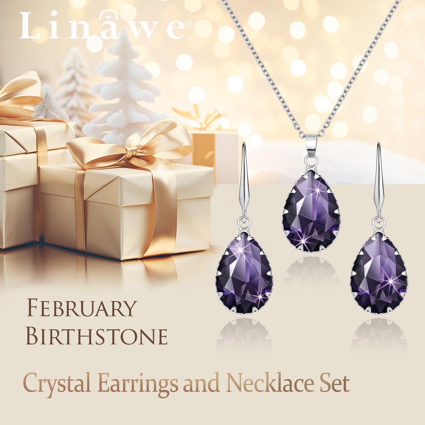 Linawe Amethyst Crystal Purple Pendant Necklace, Silver Jewelry Set, Lavender Imitation Diamond Rhinestone Dangle Earrings, Boho Wedding Jewelry Teardrop Cubic Zirconia Birthstone