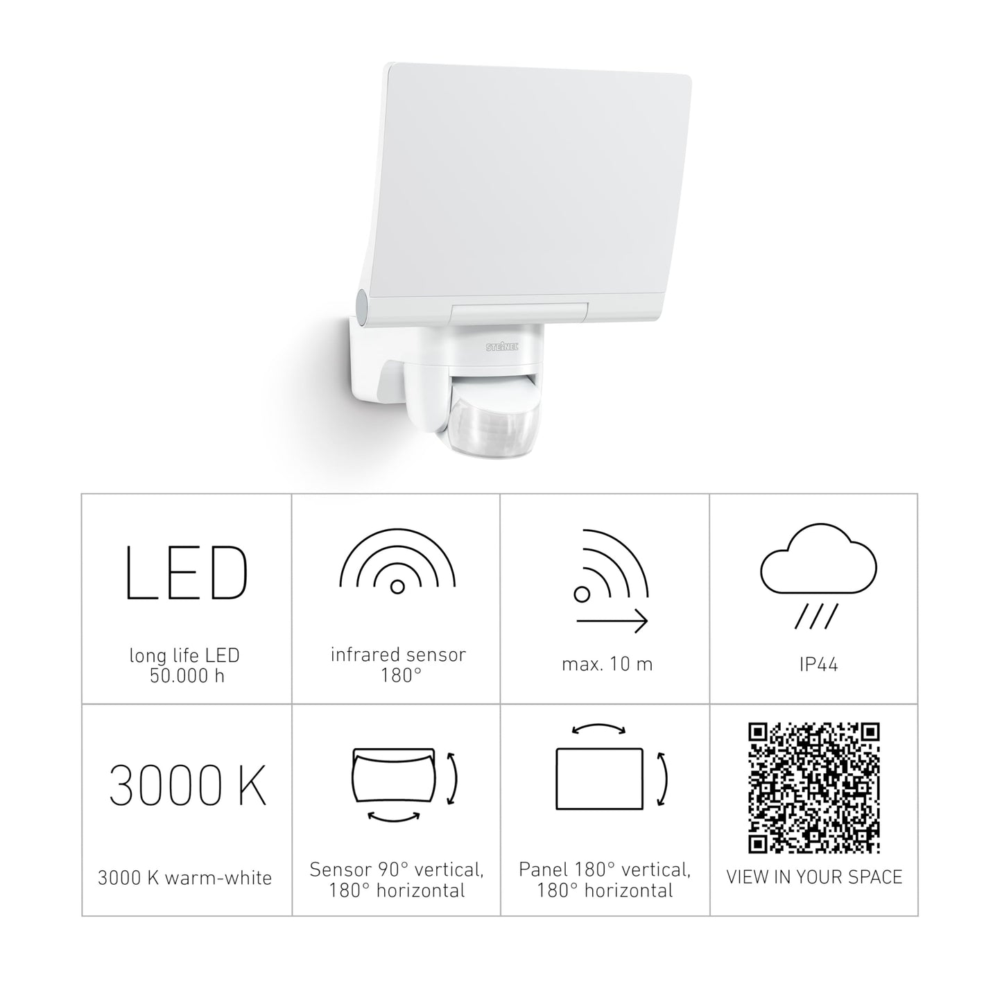 Steinel LED-Floodlight XLED Home 2 XL S White, 2124 lm, 180° Motion Detector, 19.3 W, Fully Swivelling LED Panel, Warm White Light Colour