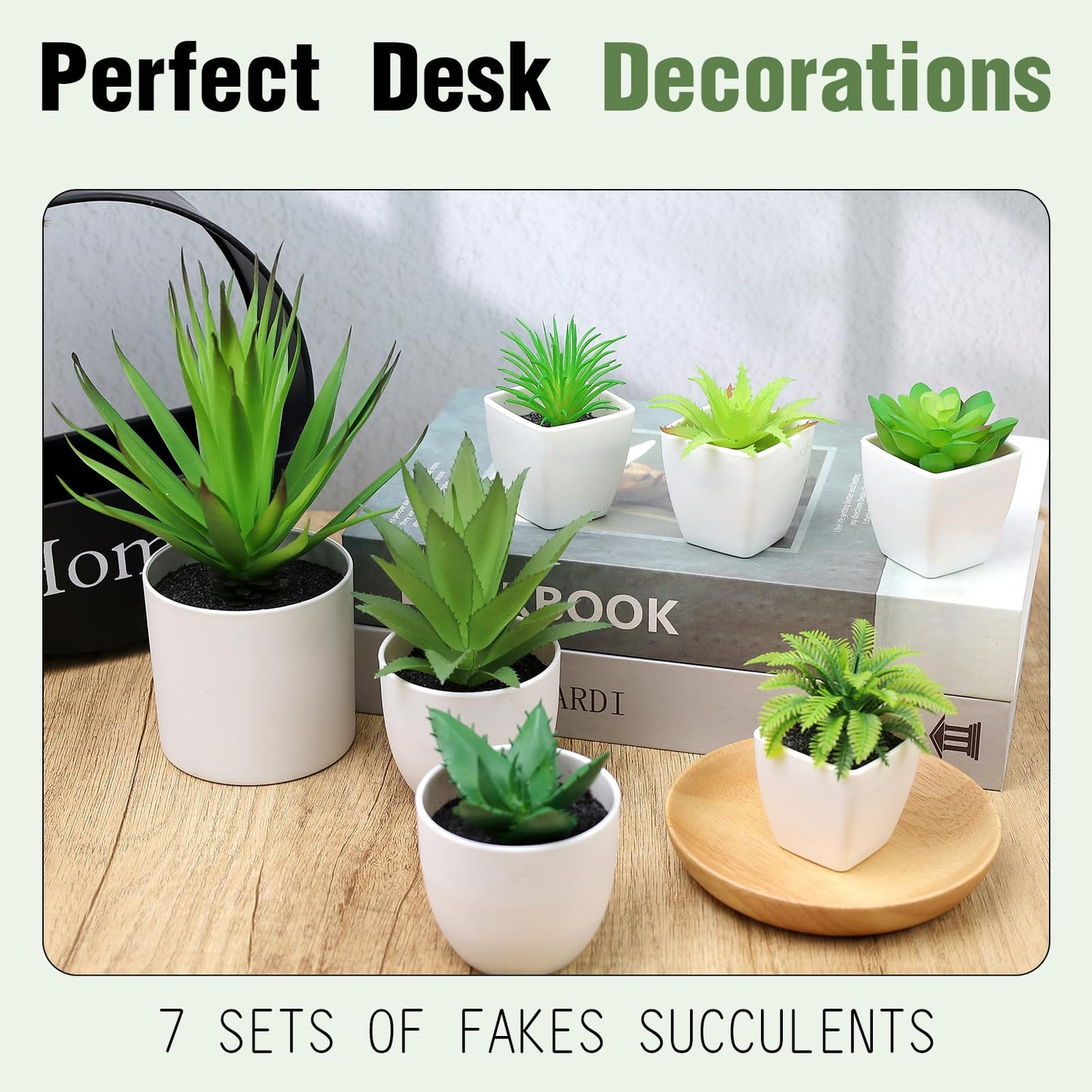 Quancru 7 Pack Small Fake Plants Artificial Succulent Plants in White Pots Artificial Greenery for Room Home Bathroom Bedroom Office Modern Decor
