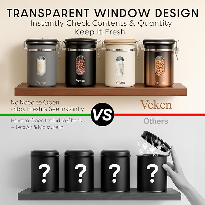 Veken Coffee Canister with Window, Airtight Stainless Steel Kitchen Food