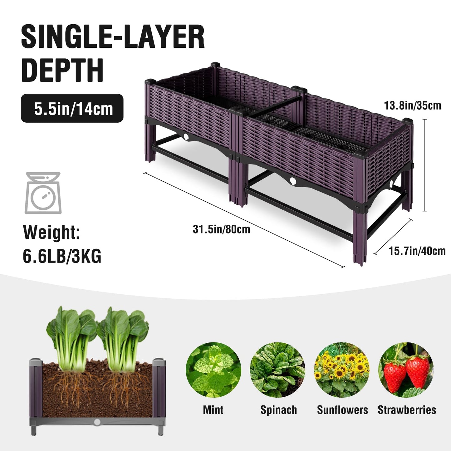 Klippehop Raised Garden Bed with Reinforcement Rods Elevated Planter Boxes for Outdoor Plants with Drainage Holes for Flowers Vegetables Herbs Patio Backyard Deck Balcony,Purple