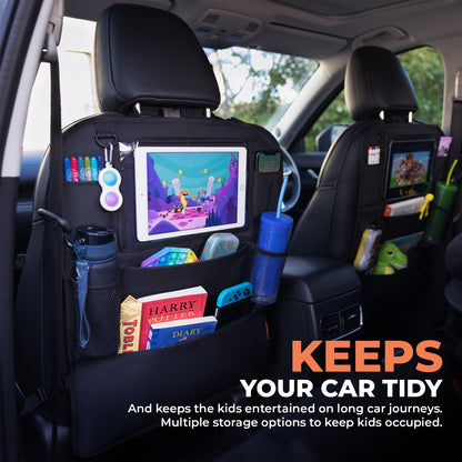 Huckaboo Car Seat Organiser - Kids Back Seat Organiser, Storage Pockets, Screen Holder, Black, 1 Pack