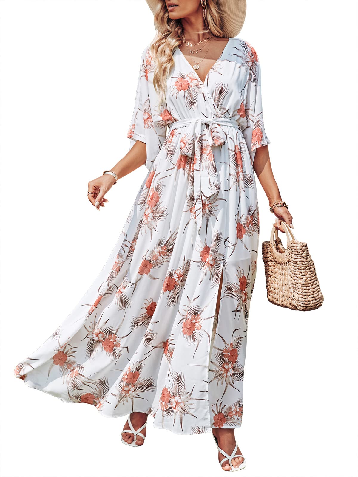 ANRABESS Womens 1/2 Sleeve Beach Wedding Guest Maxi Dresses 2025 Fall Wrap V Neck Boho Floral Flowy Slit Long Summer Dresses