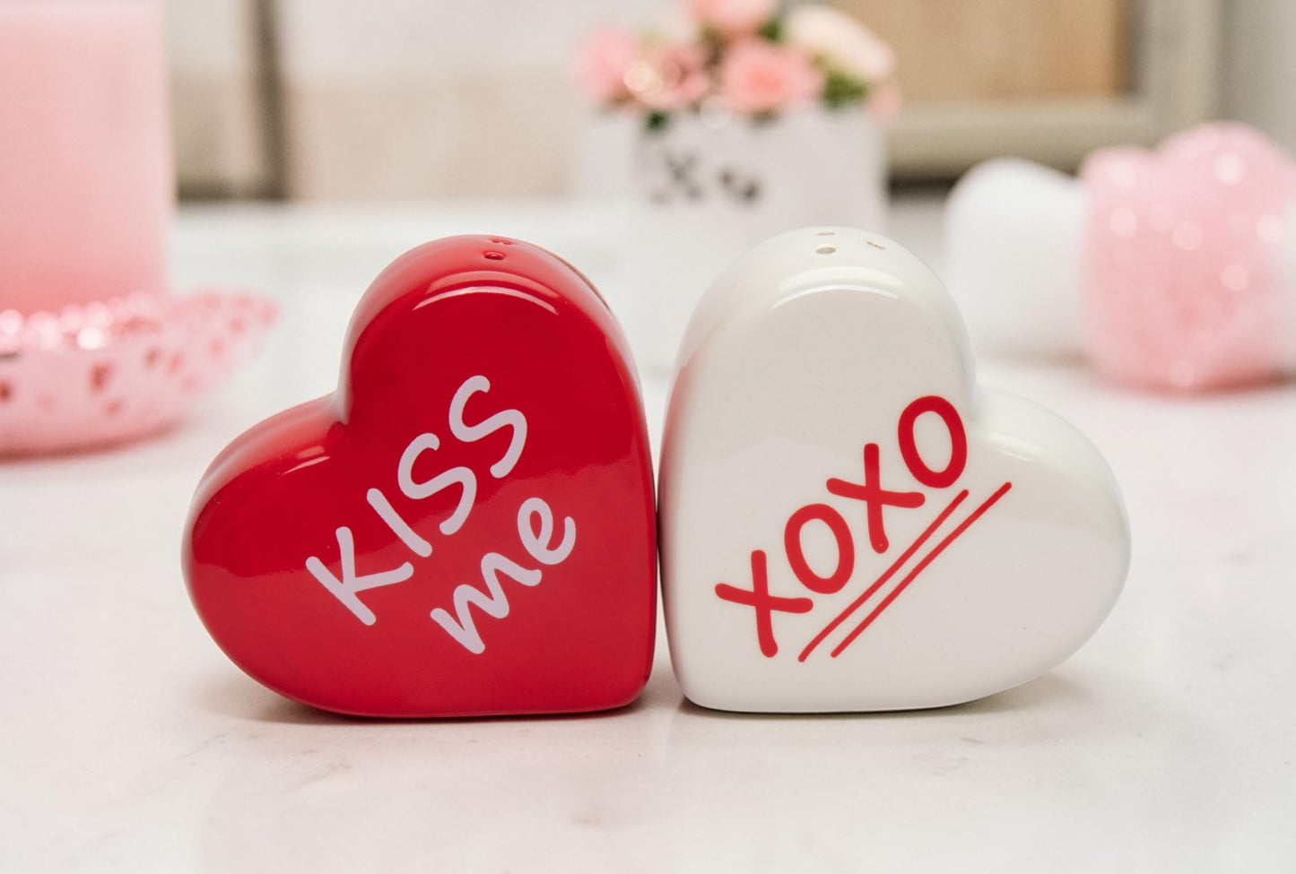 21064 Fine Ceramic Valentine Kiss Me Love Red Heart Salt & Pepper Shakers Set, 2-1/2" H