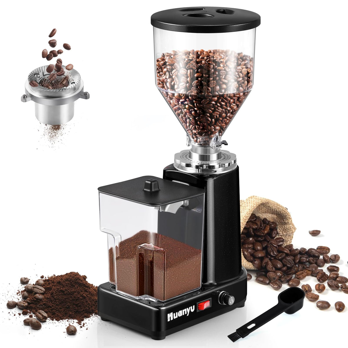 Huanyu Flat Burr Coffee Grinder with 19 Grinding Settings Electric Coffee Bean Grinder Adjustable Bulk Coffee Grinder Large Capacity 35oz Black