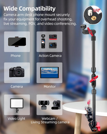 JEBUTU 22" Magic Arm w Clamp Mount, Overhead Desk Phone Mount Stand, Adjustable Articulating Friction Camera Boom Arm w 1/4" Thread for Phone Video Light Webcam Action Camera Tripod Mic