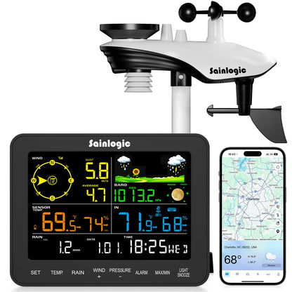 Sainlogic Smart WiFi Weather Station with Rain Gauge and Wind Speed, 24/7 AI Weather Forecast by Weatherseed®, Wireless Indoor Outdoor, APP Alerts, 2-Year Data Export (2.4GHz WiFi Only)