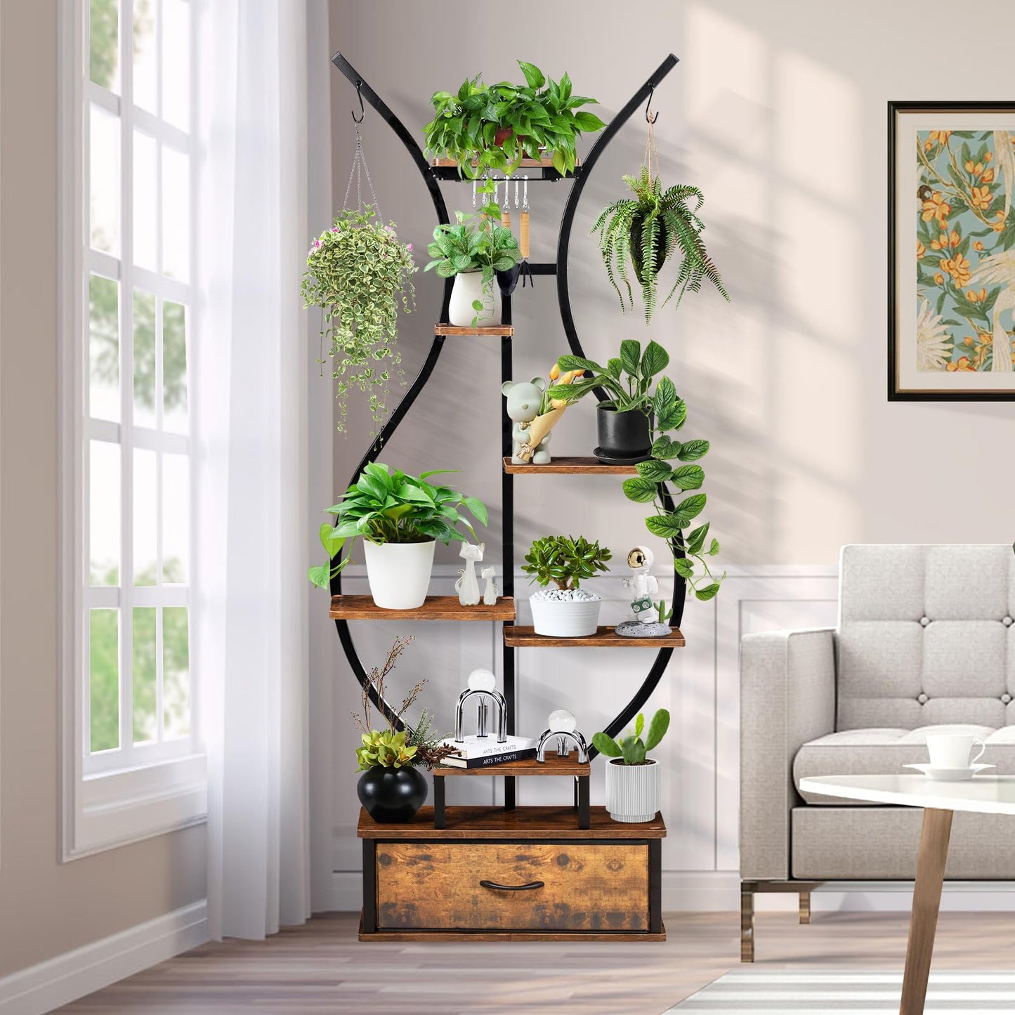 LOENIY 7-Tier Indoor Plant Stand with Hanging Hooks & Drawer, 68.1" Tall Vase-Shaped Corner Plant Stand includes Tool Hangers, Aesthetic Tall Plants Shelf for Multiple Plants Flower Pot, Outdoor Plant Holder in Patio Balcony