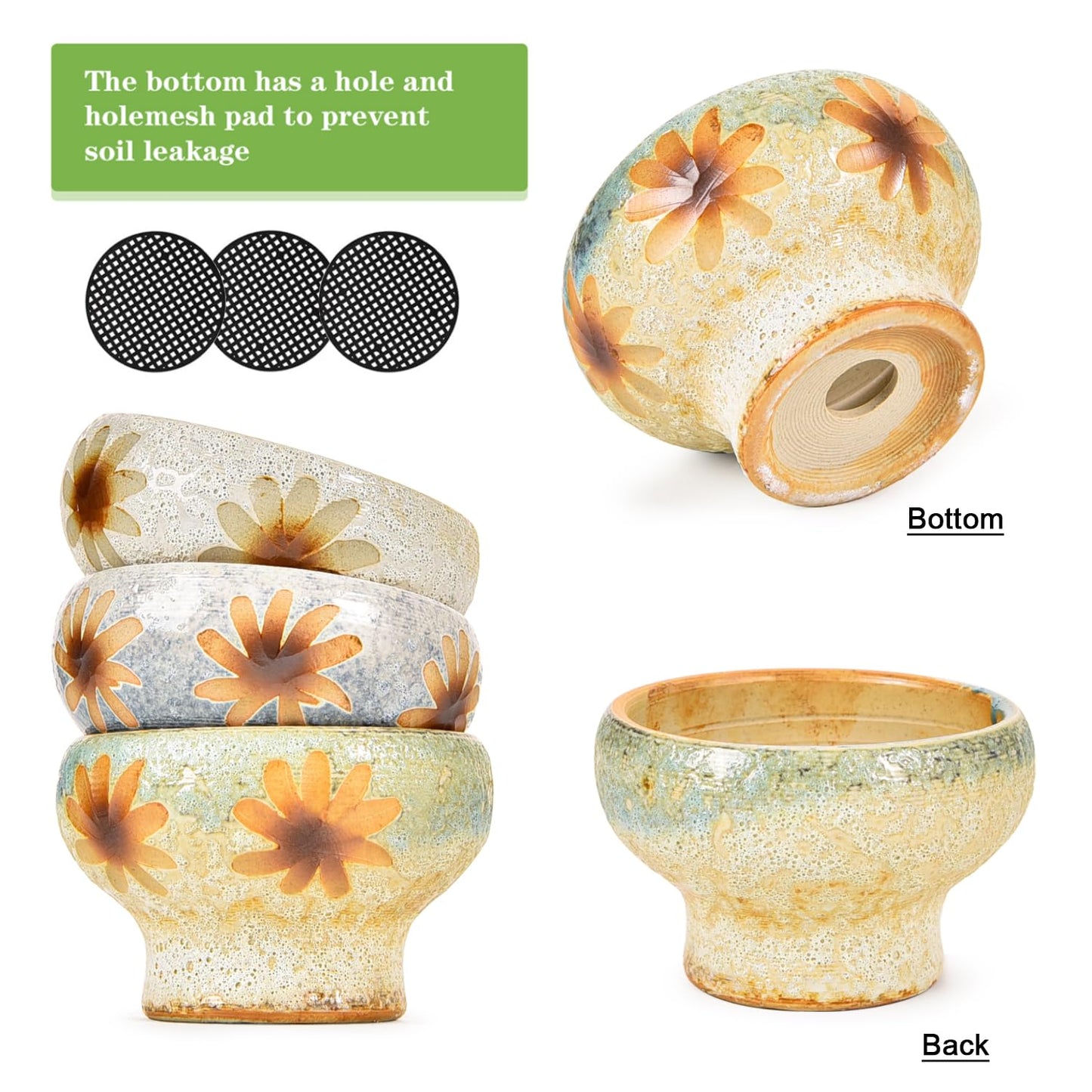 Sungmor Small Succulent Planters Set of 3, Beautiful Hand Crafted Ceramic Plant Pots Cute Cactus Pot, 4.9 Inch Flower Pots for Indoor Plants with Drainage, Desktop Windowsill Home Office Decor Pots