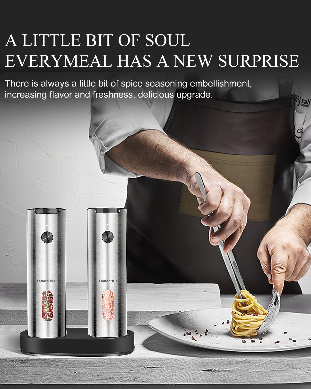Electric Salt and Pepper Grinder Set with Rechargeable Base - Upgraded Large Capacity, Refillable Pepper Mill Set with LED Light & Adjustable Coarseness, Ideal for Kitchen, Outdoor (Polished Silver)