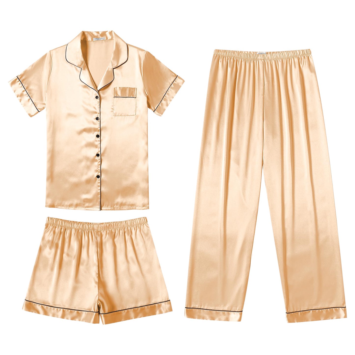 Ekouaer Silk Pajamas for Women Set Satin Pjs Soft Short Sleeve Button Down Sleepwear 3 Piece Loungewear S-XXL