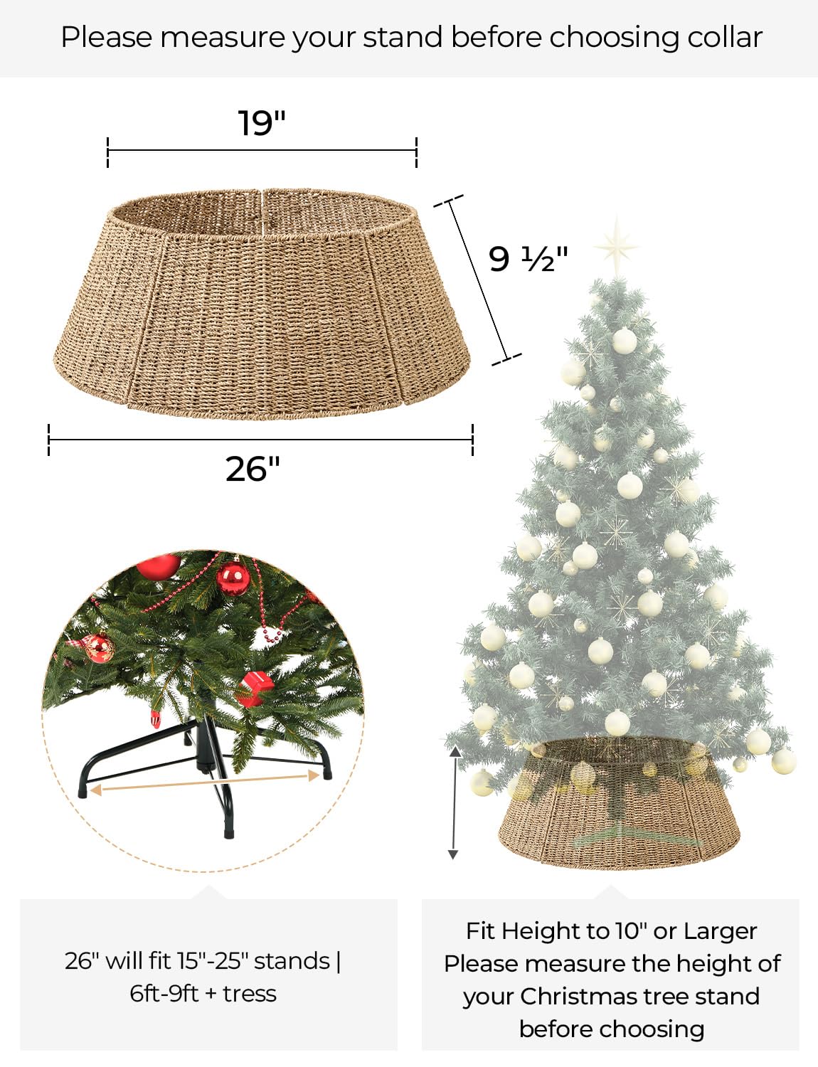 StorageWorks 26 Inch Christmas Tree Collar, 5-Piece Durable Seagrass Christmas Tree Skirt for Home Decor, Handcrafted Tree Base Cover for Artificial Trees, Large