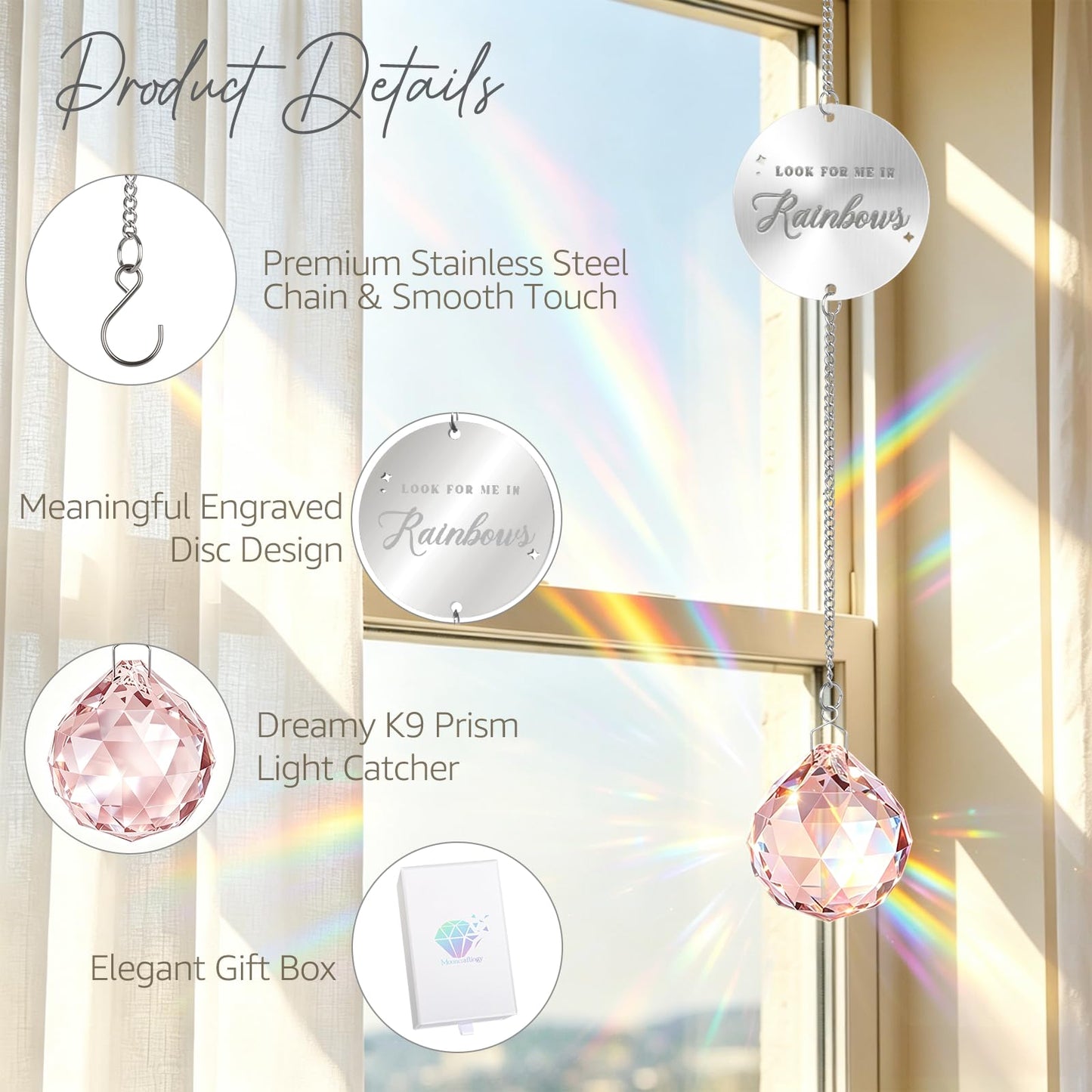 Mooncraftlogy Memorial Gifts for Loss of Loved One, Unique Sympathy Idea, Pink Crystal Ball Grief Suncatcher, Rainbow Bereavement Box for Mom Dad Husband Son Daughter