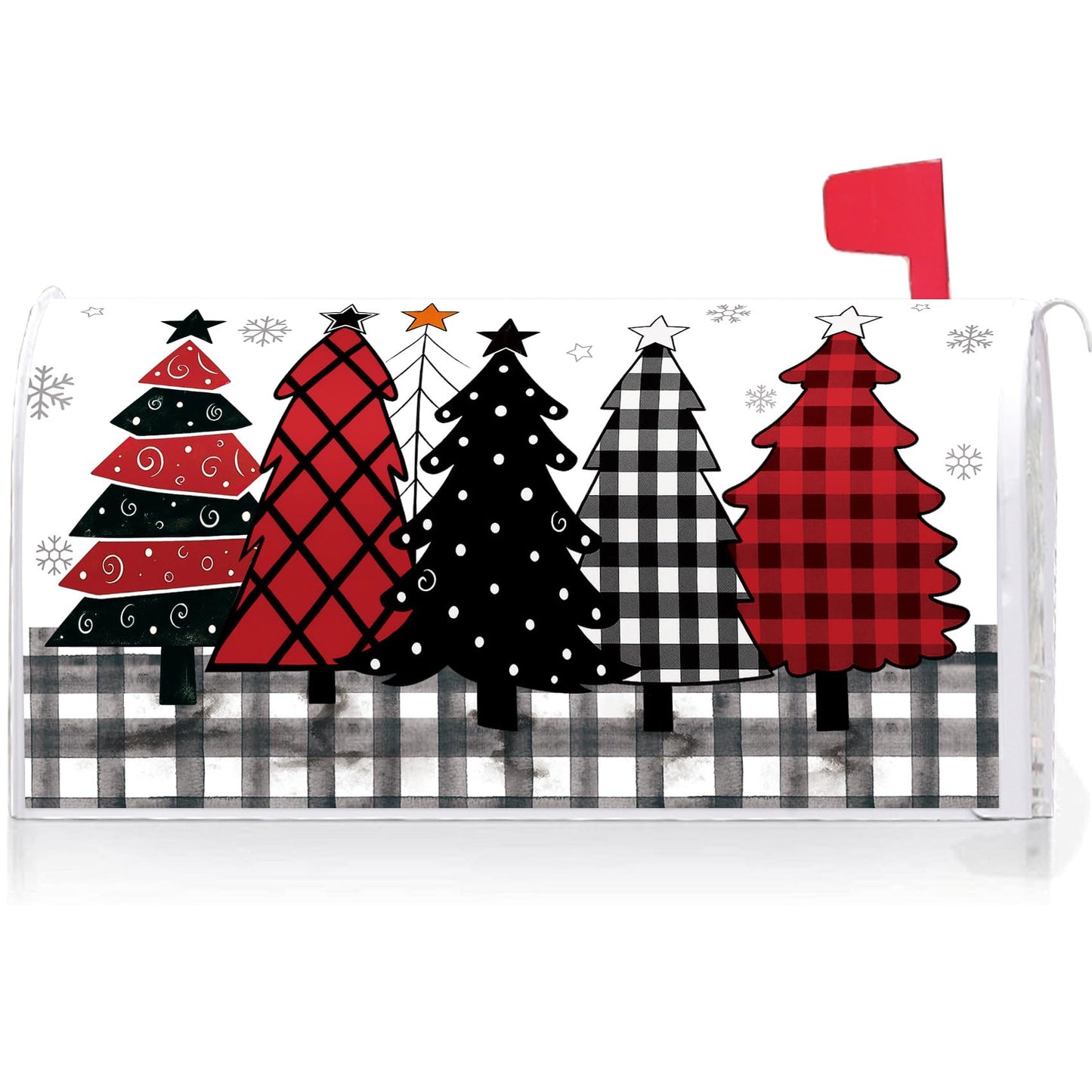 Texupday Buffalo Plaid Christmas Tree Mailbox Cover with Magnetic Strip Winter Holiday Snowflakes Mailbox Wraps Post Letter Box Cover Standard Size 21" X 18" for Garden Outdoor Yard Decor