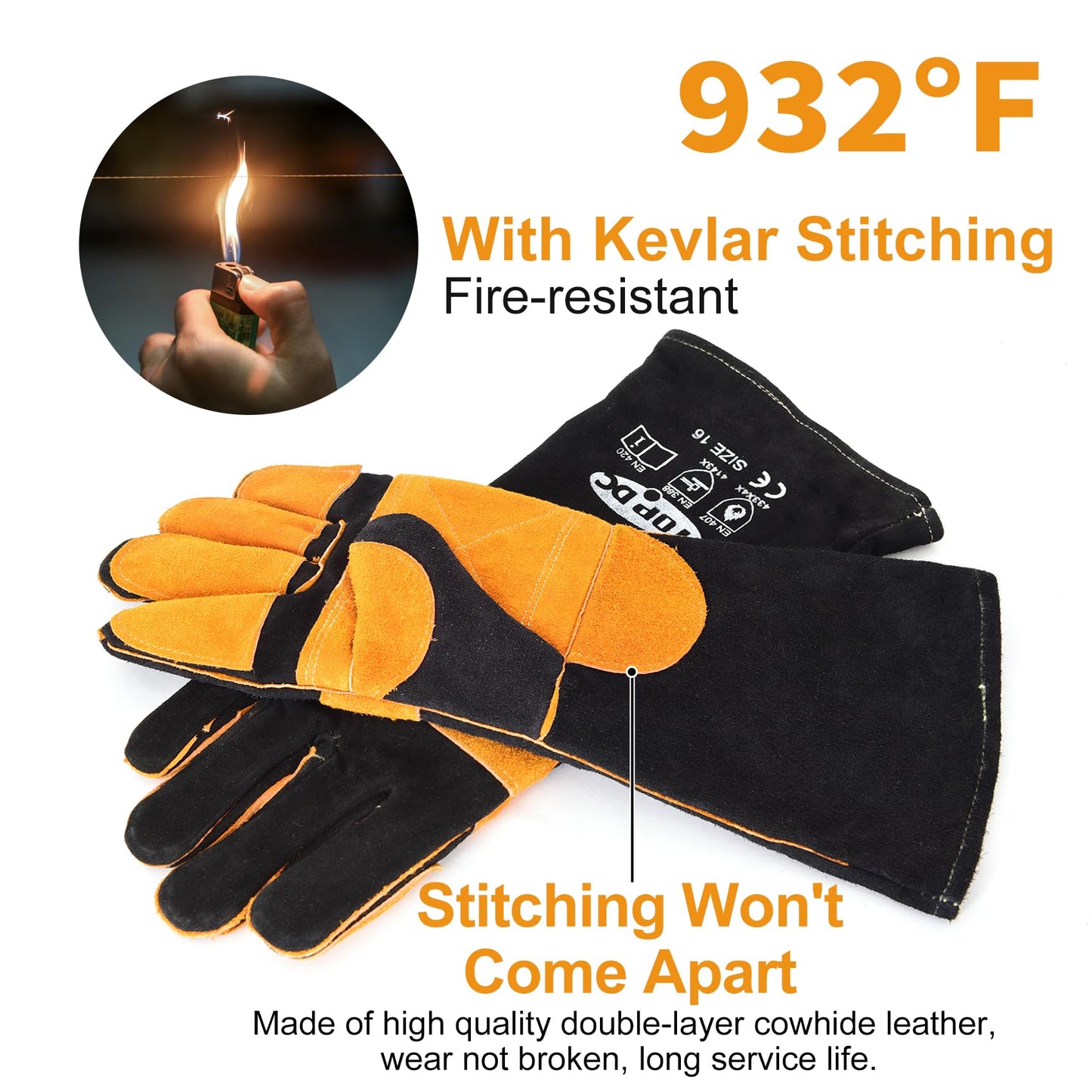 TOPDC Welding Gloves 16 Inches 932℉ Fire/Heat Resistant Leather Welding Gloves For Mig, Tig, Stick, Forge, BBQ, Grill, Fireplace, Wood Stove, Furnace, Oven, Animal Handling for Safe, Loving Pet Care