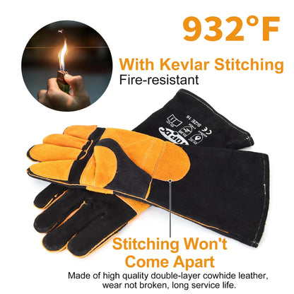 TOPDC Welding Gloves 16 Inches 932℉ Fire/Heat Resistant Leather Welding Gloves For Mig, Tig, Stick, Forge, BBQ, Grill, Fireplace, Wood Stove, Furnace, Oven, Animal Handling for Safe, Loving Pet Care