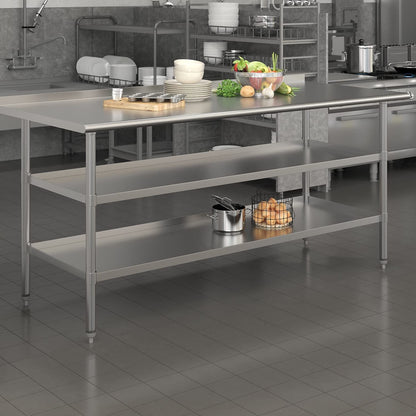 Flash Furniture Ravenel Stainless Steel 18 Gauge Work Table with 1.5" Backsplash and 2 Undershelves - 72"W x 30"D x 34.5"H, NSF