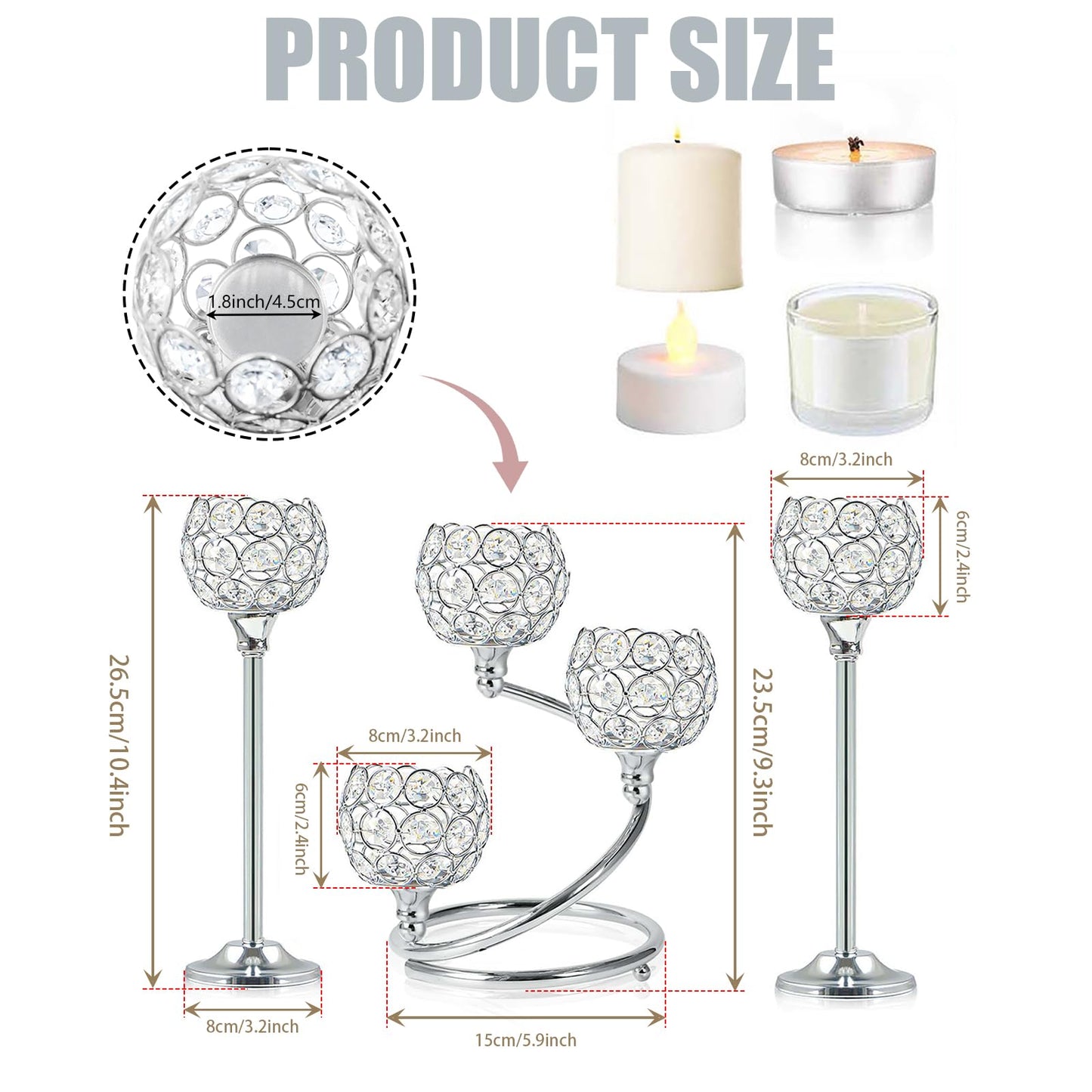 KEHAIL Silver Metal Crystal Candle Holder Set of 3 - Elegant 5-Arm Metal Tea Light Centerpiece with Shining Crystal Bowl, Wedding Anniversary Table Decor for Dining, Party