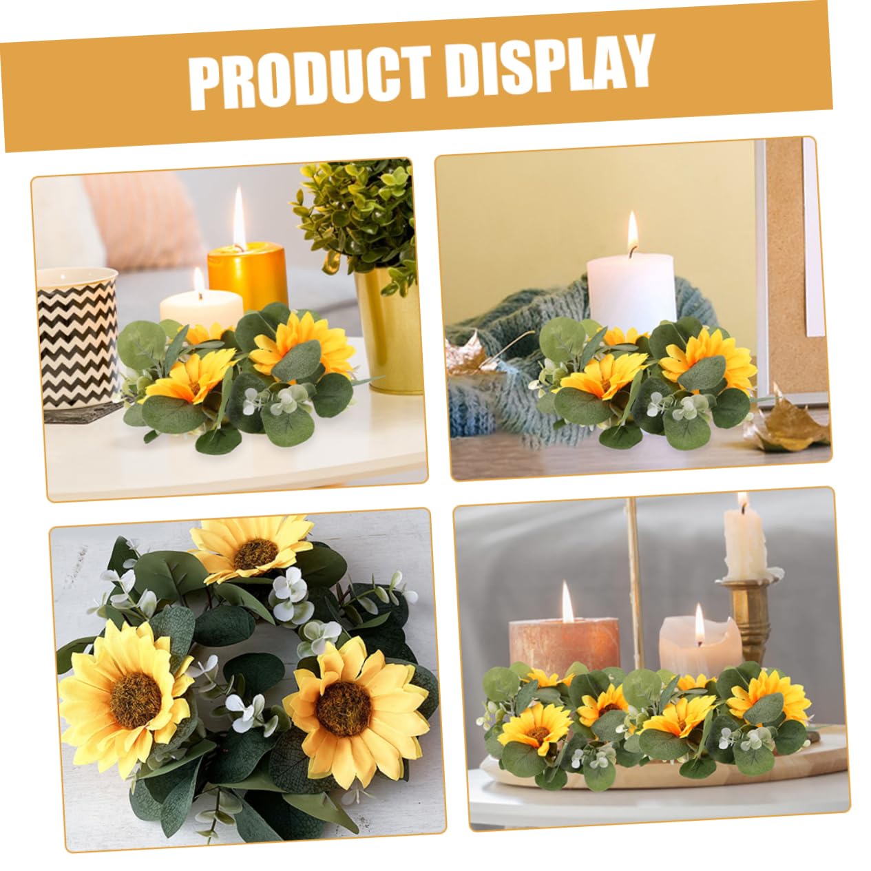 Ciieeo 2pcs Sunflower Eucalyptus Candle Wreaths for Spring Decor Lifelike Floral Centerpieces for Weddings and Home Farmhouse Style Candle Decoration