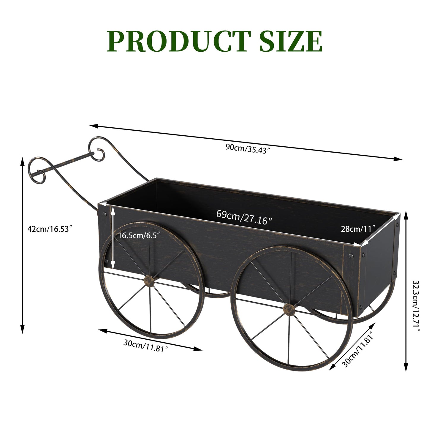 Athuiline Metal Raised Garden Bed with Wagon Wheels, Small Planter Raised Beds, Outdoor Planter Box for Flowers Herbs, Vegetables, Decorative Flower Cart for Patio, Balcony (Retro Gold)