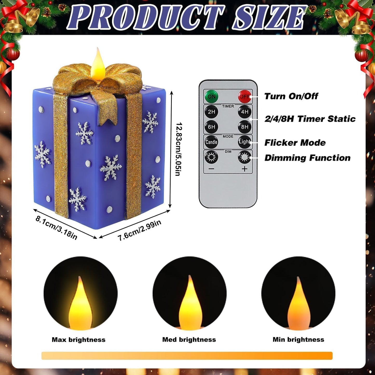 LCZLUMIPRO Christmas Flameless Gift Box Candle Hand-Painted Real Wax LED Candle with Remote Timer Battery Operated Blue Gold Decor for Xmas Tree Skirt Ornament Table Outdoor Indoor Holiday