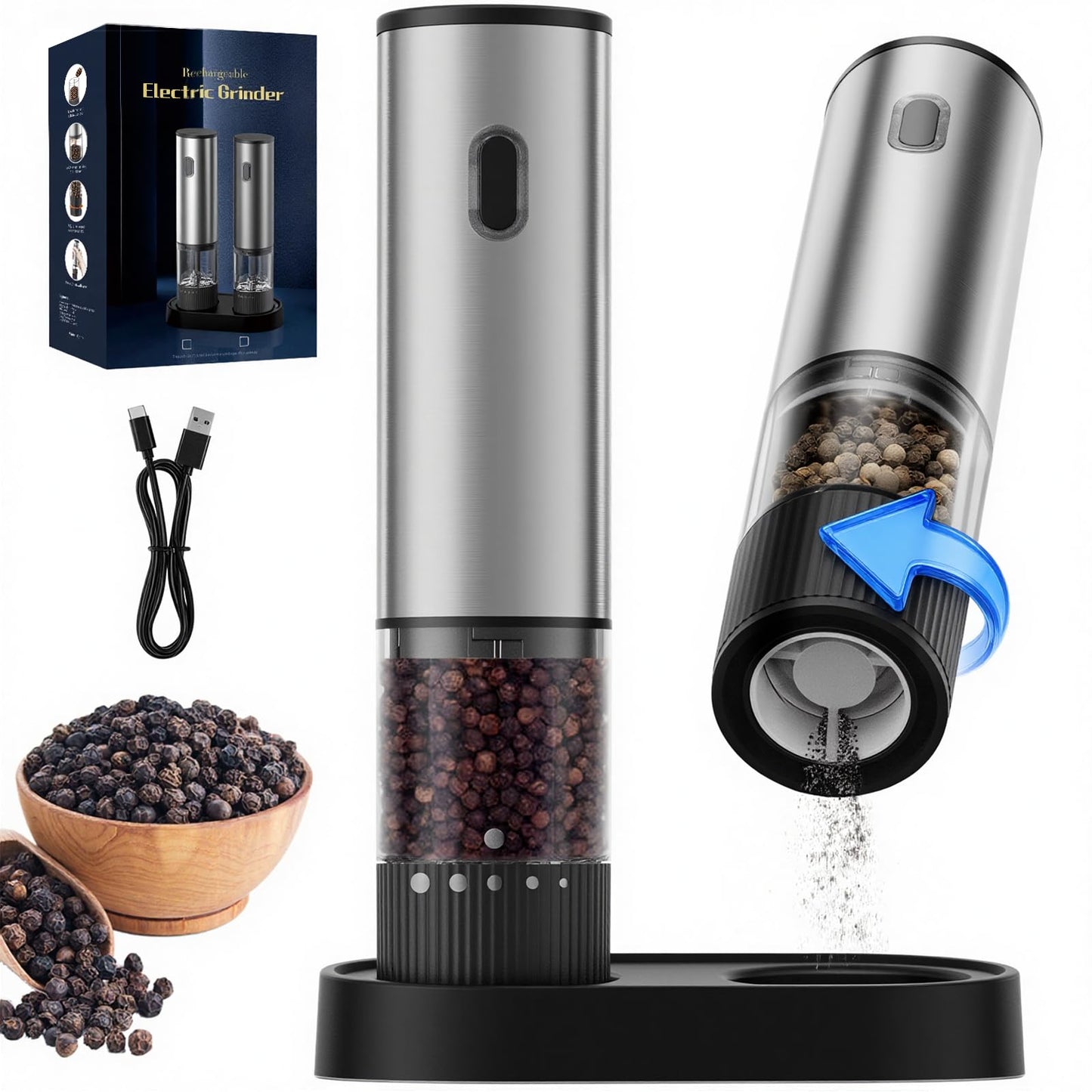Electric Salt and Pepper Grinder Set, USB Rechargeable Salt and Pepper Shaker with LED Light, Stainless Steel Adjustable Automatic Pepper Mill for Kitchen, Dining