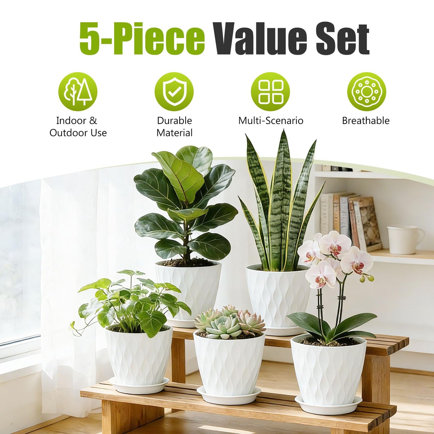 SQKH 8 Inch Plastic Plant Pots,Set of 5 Flower Pots,Planters with Drainage Holes & Saucers, Indoor Outdoor Garden Pots for Home Decor(White)
