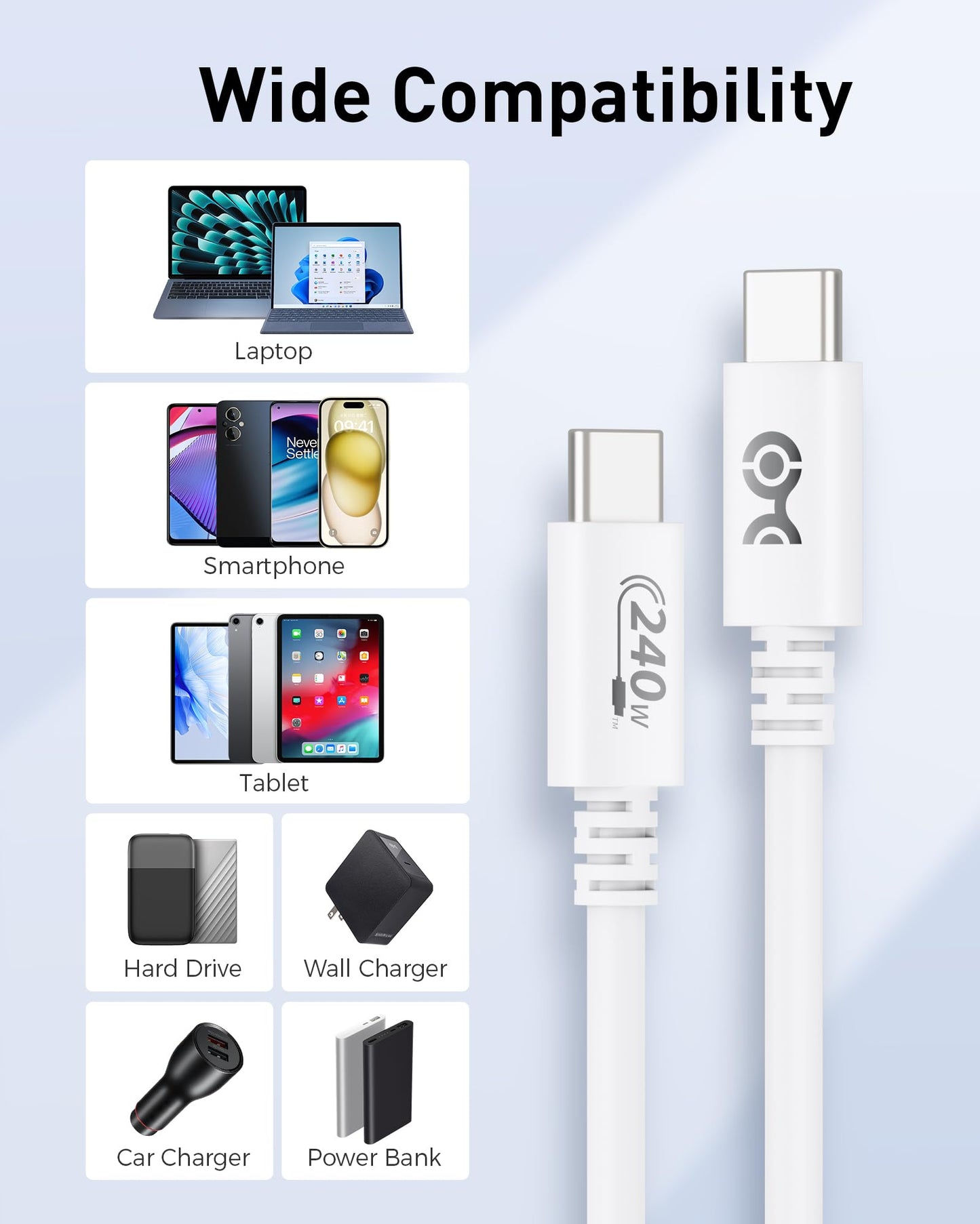 Cable Matters [USB-IF Certified] 240W USB C Cable - 6.6ft, Up to [240W Charging, 480Mbps], No Video Support, USBC Charger Cable/USBC Charging Cord for MacBook/iPad Pro/XPS/Surface Pro, White