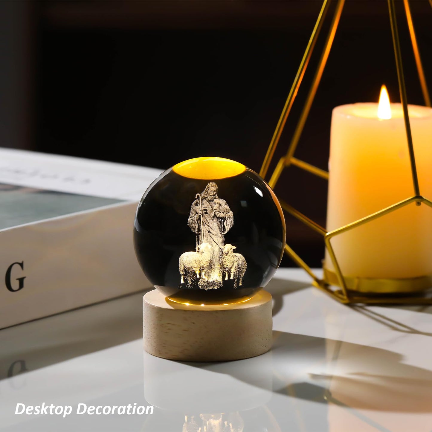 Arikyrist 3D Crystal Jesus Figurine Statue Night Light, Laser Engraved Crystal Christian Catholic Religious Easter Gift with Wooden Base