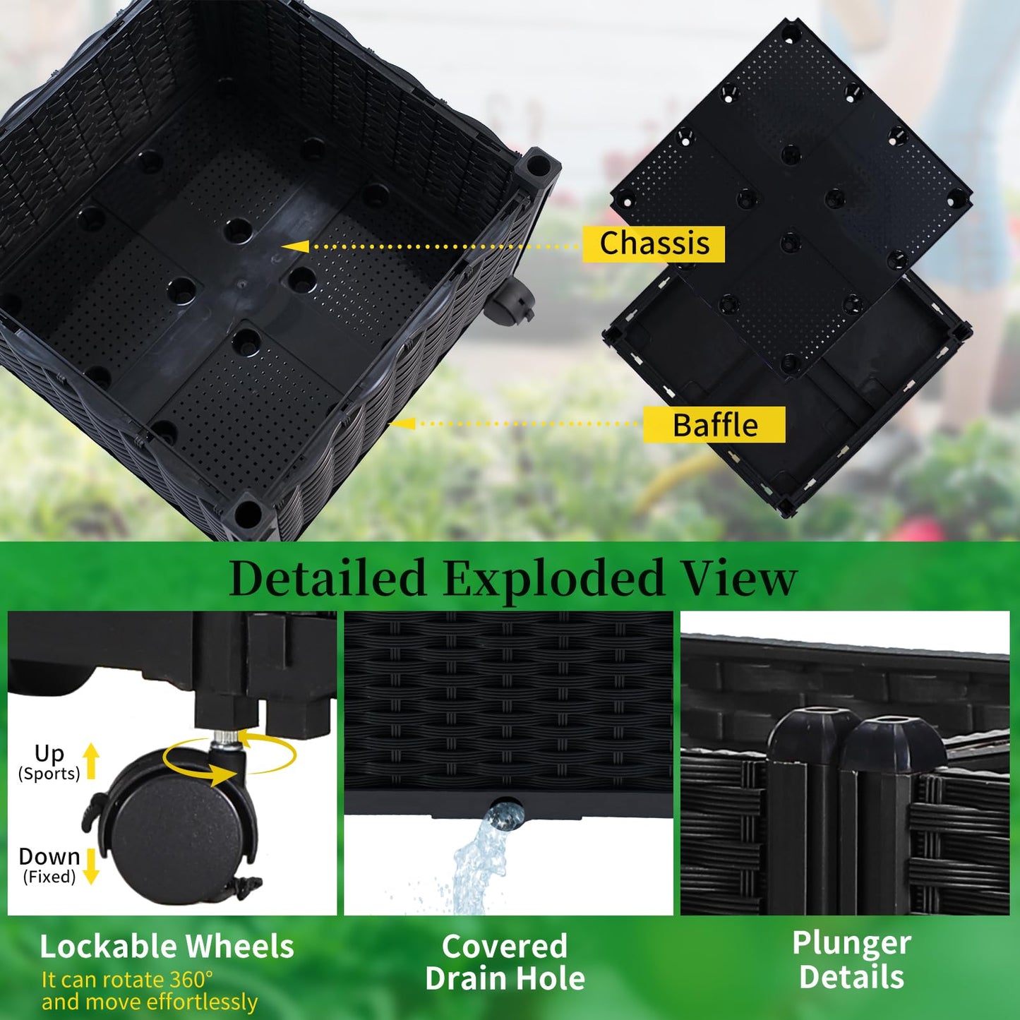 FOLLOOK Planter Box with Trellis Outdoor, 53.1in Plastic Raised Garden Bed with Trellis Hanging Roof for Vine Flower, with Lockable Wheels & Drain Plug for Patio Backyard Balcony, Black, 1 Pc