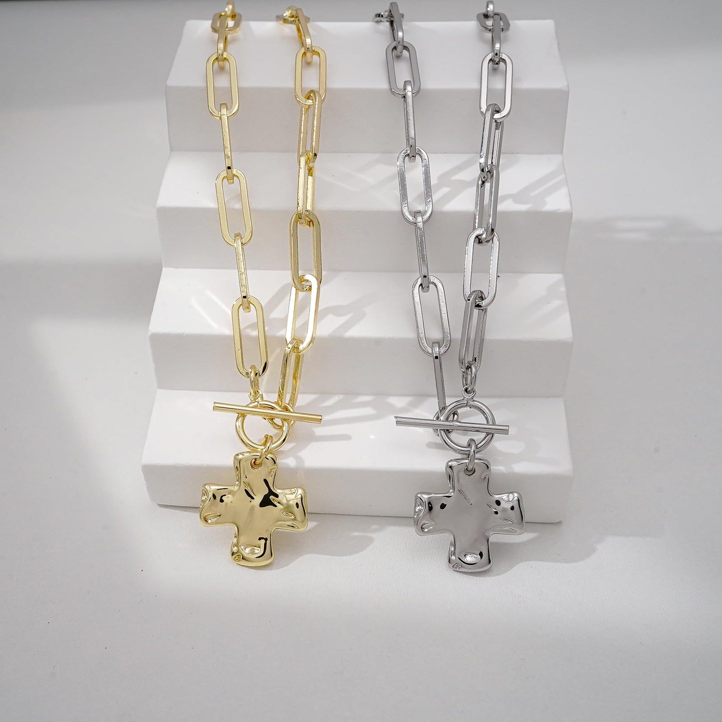 Bheop Chunky Cross Necklace for Women Trendy Silver Plated Statement Cross Pendant Charm Necklace Toggle Clasp Long Big Paperclip Faith Chain Costume Jewelry Gift Non Tarnish 2.5CM