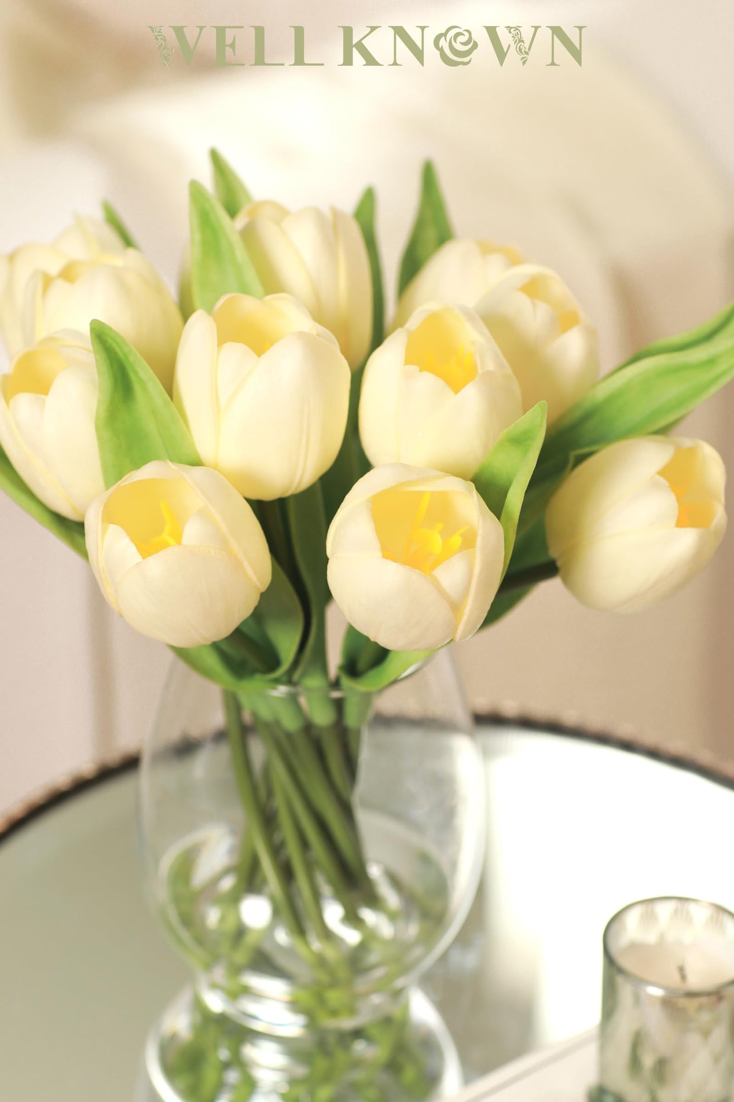 WELL KNOWN 12 Pcs Tulips Artificial Flowers in Vase, Real Touch Tulips with Vase with Upgrate Acrylic Water Flower Arrangements Centerpiece for Dining Room Table Decoration（Cream）
