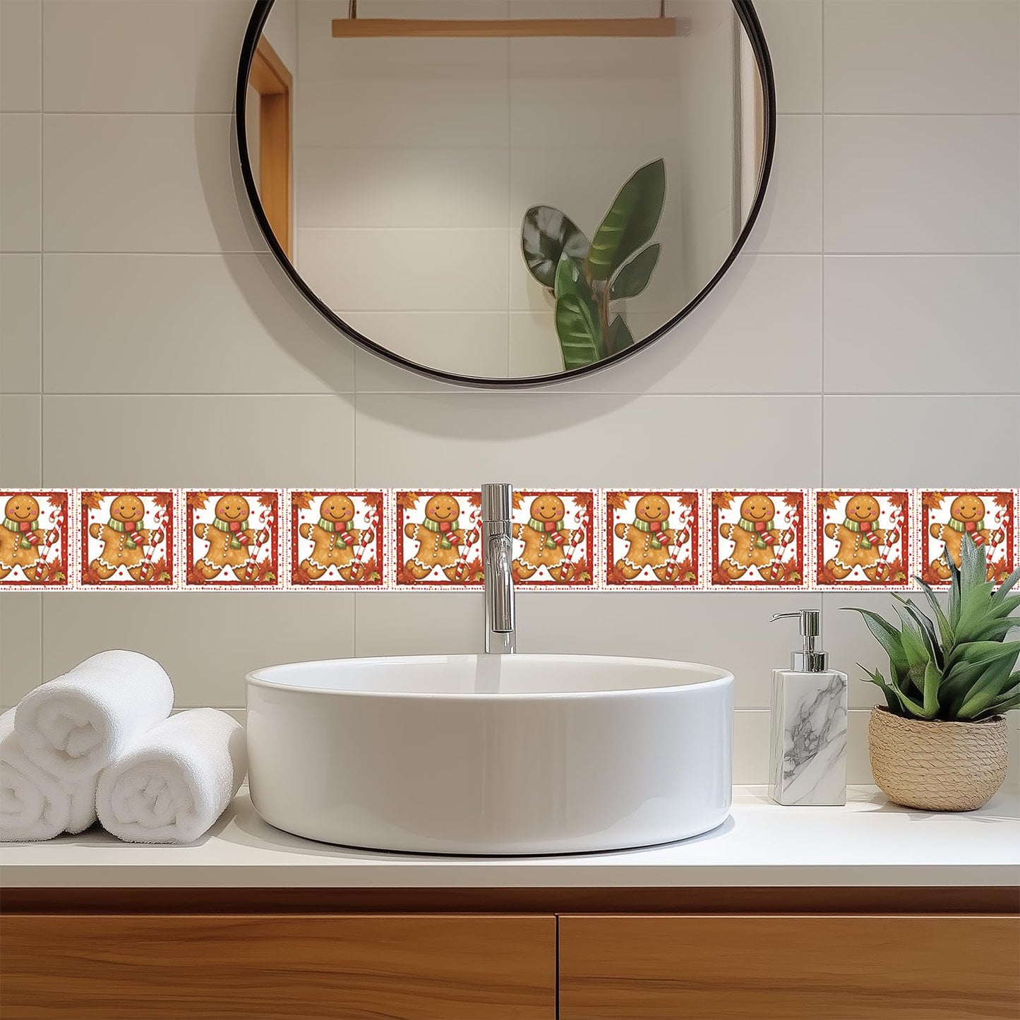 HOMETITUTE Wallpaper Border Peel and Stick Christmas Gingerbread Candy Cane Fall Wreath Wall Decoration Self-Adhesive Border for Bathroom Kitchen Living Room Winter Holiday Decor 4x196 Inch