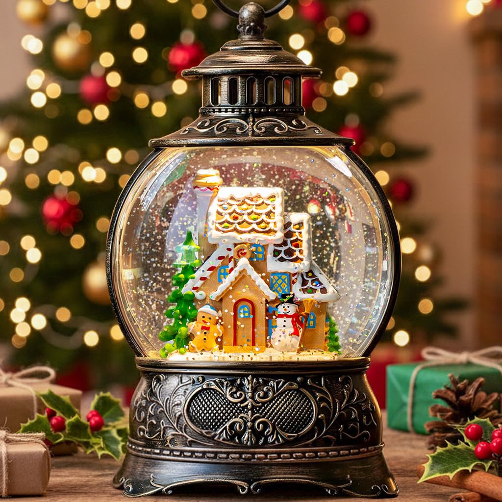 10" Christmas Snow Globes Lantern, Sparkling Musical Snowman Gingerbread House Lanterns, USB and Battery Powered Christmas Home Tabletop Decorations Gift