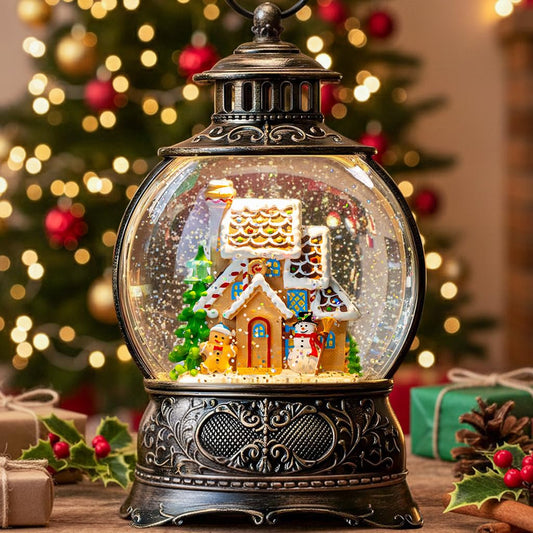 10" Christmas Snow Globes Lantern, Sparkling Musical Snowman Gingerbread House Lanterns, USB and Battery Powered Christmas Home Tabletop Decorations Gift